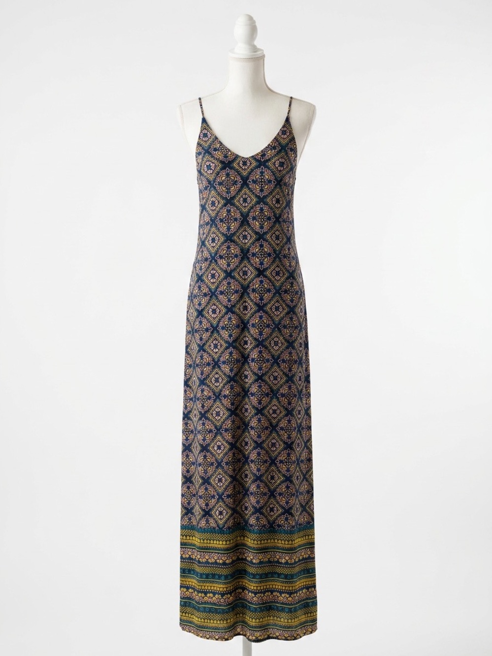 Old Navy Boho Printed Maxi Dress Large Navy Floral Cross Back Adjustable Straps